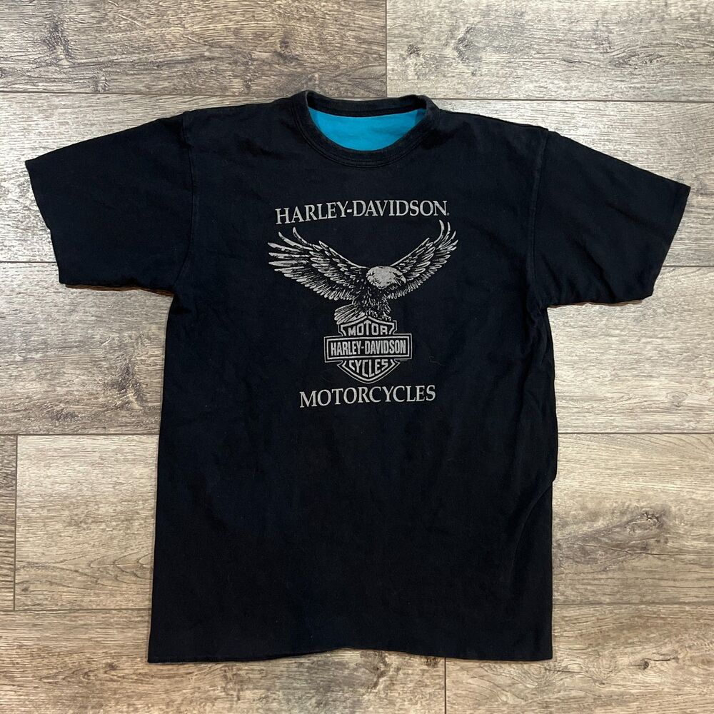 Vintage Y2K Harley Davidson Reversible Black Teal T-Shirt Made in USA - Large